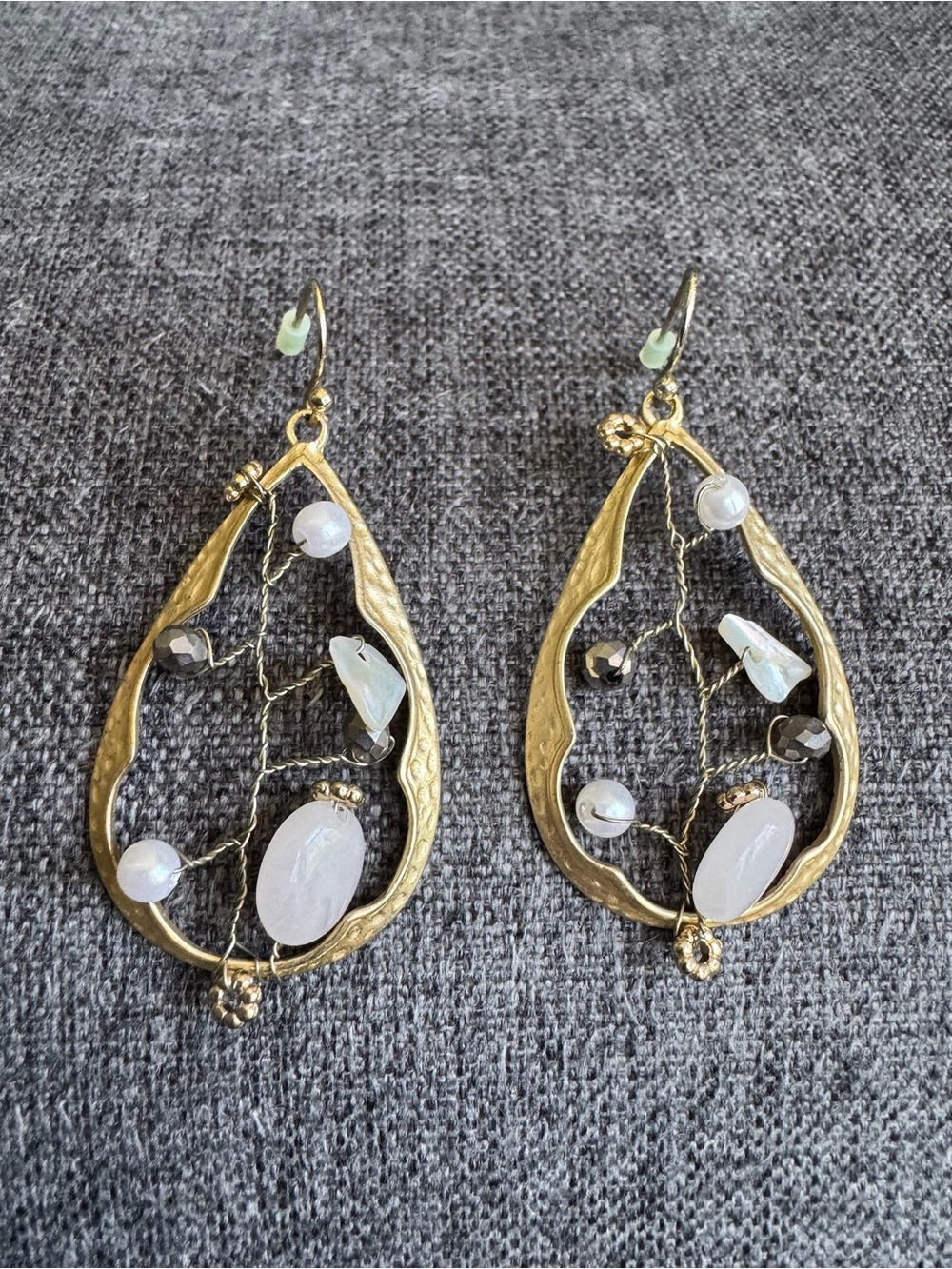 Vintage Boho Gold-Tone Teardrop Wirework Earrings with White Gem Accents